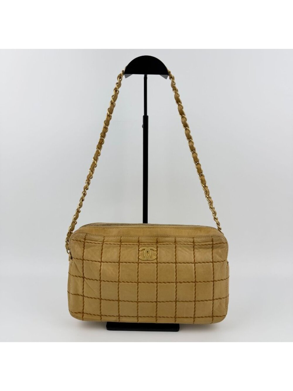 Chanel CC Logo Wild Stitch Choco Bar Chain Shoulder Bag Beige Leather Vintage